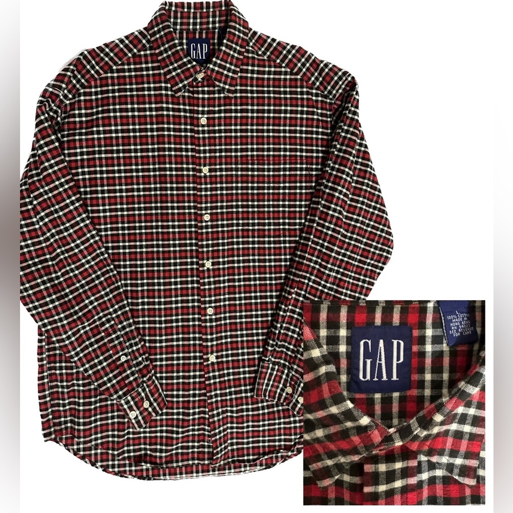 GAP Men's 100% Cotton Long Sleeve Casual Button Down Shirt Red Black Plaid L